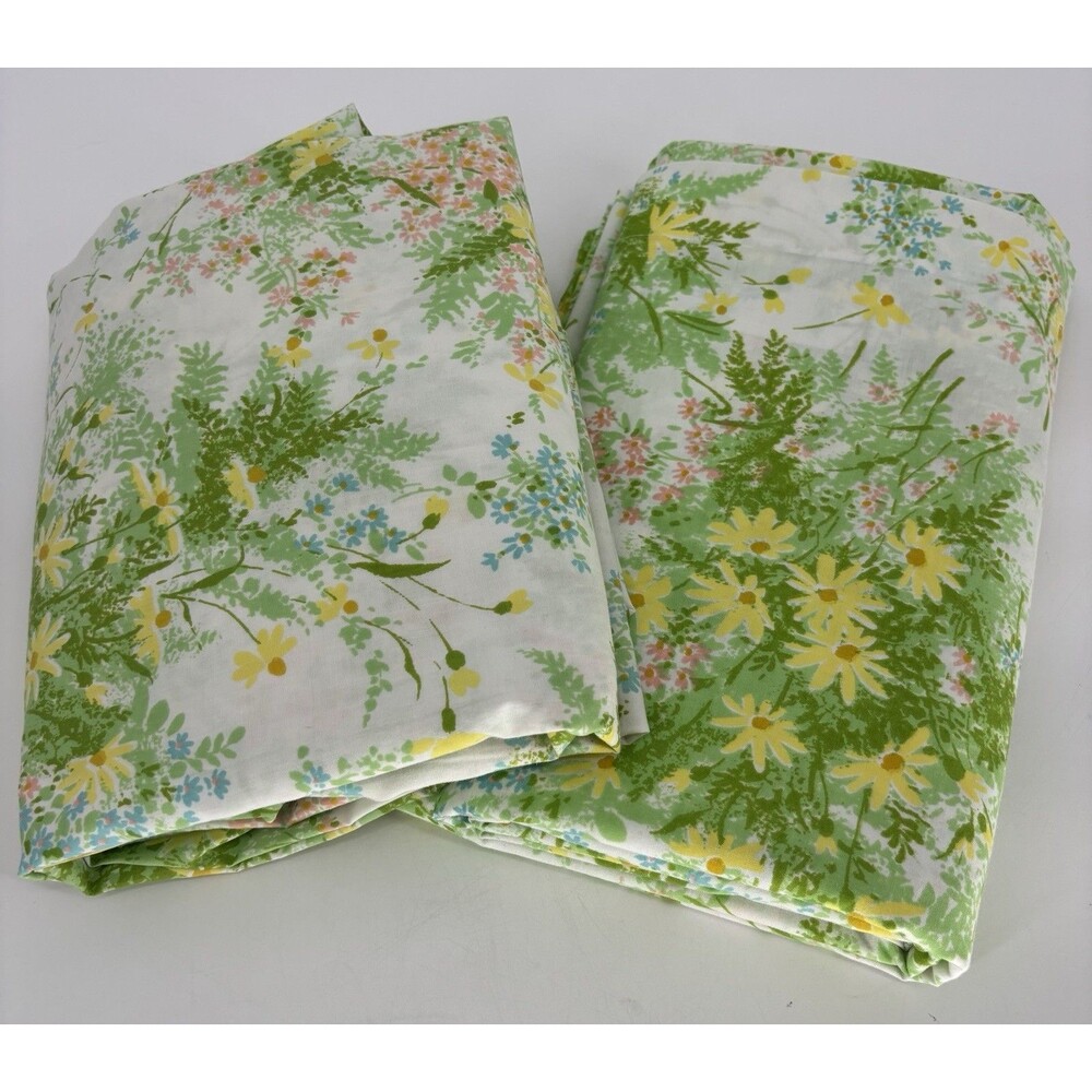 Vtg Springmaid Wondercale Double Bed Floral Sheet Set Flat & Fitted Yellow Daisy